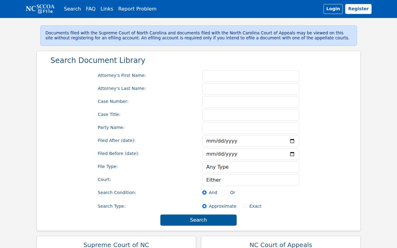 North Carolina Court of Appeals and Supreme Court appellate docket search