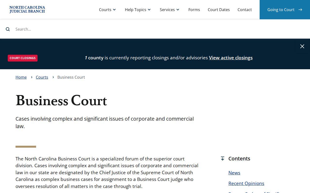 North Carolina civil docket information on the Business Court page