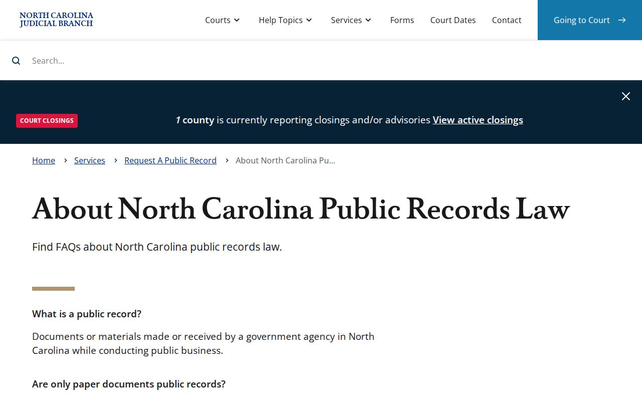 North Carolina public records law and court file access distinction