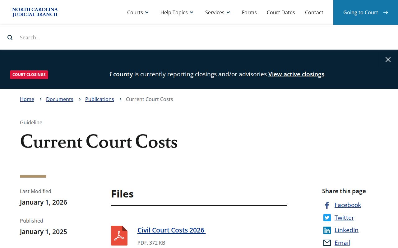 North Carolina court record copy and certification fee schedule