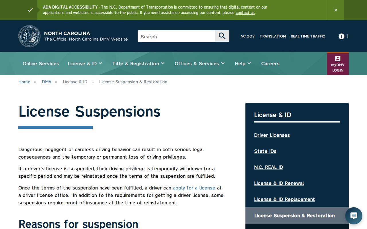 North Carolina DMV information for failure-to-appear and failure-to-pay license actions