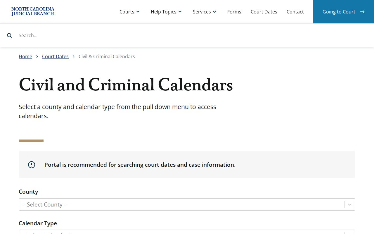 North Carolina county-based court calendar search
