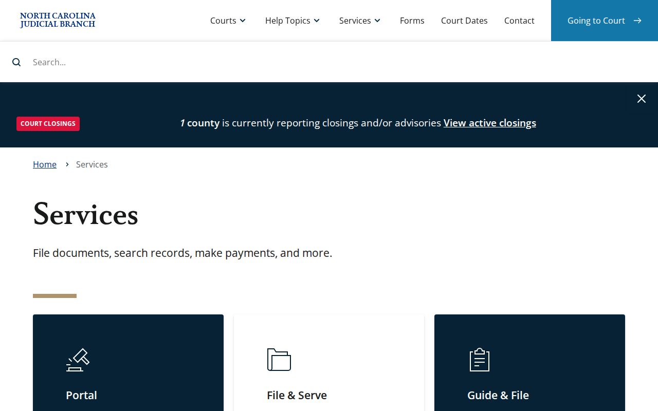 North Carolina Judicial Branch services page with statewide court lookup tools