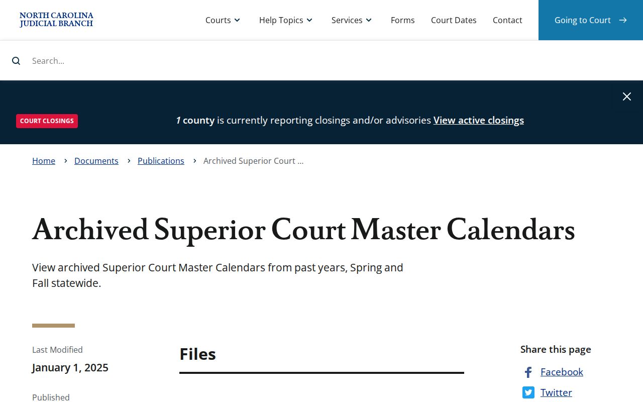 North Carolina Superior Court master calendar archive